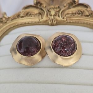 Vintage Norma Jean Gold Tone Burgundy Cabochon Statement Clip-On Earrings